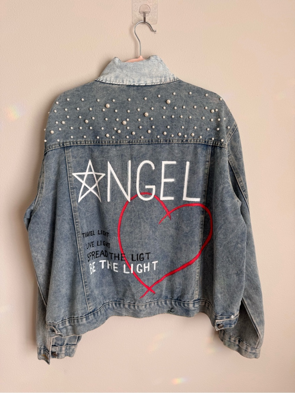 Hand Painted Angel Denim Jacket Pearl Studded Custom Artist Jacket Size M - Picture 7 of 12